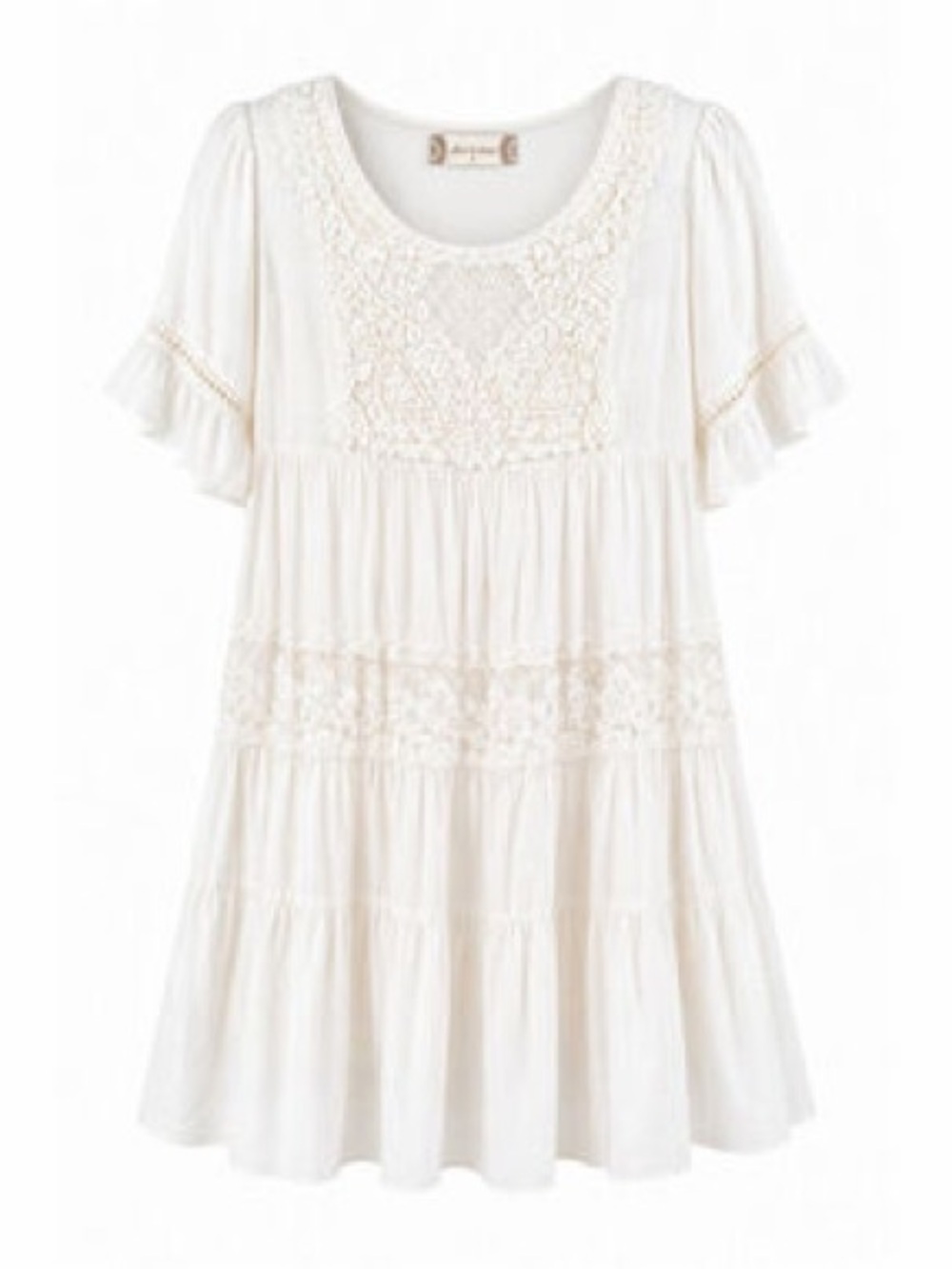 Altar’s State Cream Short Sleeve Tunic Top Lace Crochet Boho Ruffles Size Small
